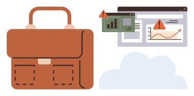 Bir bulutun yanında kahverengi iş çantası ve uyarı uyarılarıyla dolu bir veri paneli. Teknoloji, güvenlik, iş, analitik, bulut hesaplama, risk yönetimi için ideal, basit düz metafor
