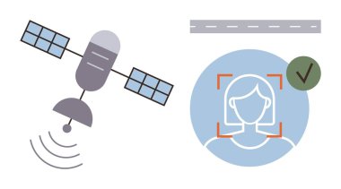 Uydu sinyalleri, yüz tanıma sistemi, kontrol işareti ve yol. Teknoloji, iletişim, kimlik doğrulama, güvenlik yapay zeka veri işleme sistemi için idealdir. Basit düz