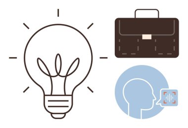 Fikirler için ampul, iş için çanta, teknoloji için ses taraması. Yaratıcılık, girişimcilik, liderlik, yenilik, yapay zeka, üretkenlik için ideal düz metafor