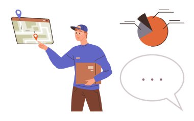 Kargo paketi, yer işaretleri, pasta grafiği ve konuşma baloncuğu olan bir haritayı gösteriyor. Lojistik, dağıtım, navigasyon, e-ticaret iletişim veri planlaması için ideal. Basit düz