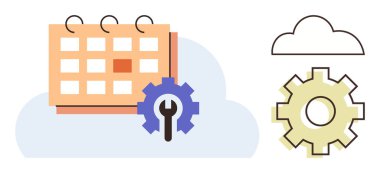 Vurgulanmış bir tarih, ayarlar için vites sembolleri ve bir bulut çizgisi olan takvim. Zamanlama, organizasyon, verimlilik, bulut hesaplama, takım çalışması sistemi dijital araçları günceller. Modern