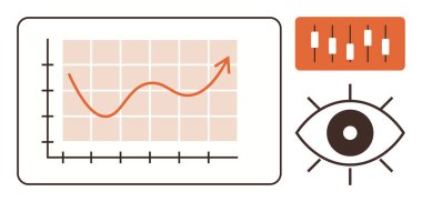 Yukarı doğru eğilimli çizgi grafiği, şamdan çizelgesi ve gözlem ve analizi gösteren göz sembolü. Finans, veri takibi, piyasa analizi, ilerleme görselleştirme, istatistik ve araştırma için ideal