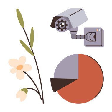 Security camera monitoring, blooming flower branch, and a segmented data chart. Ideal for technology, environment, balance, analytics, monitoring growth and surveillance themes. A simple flat