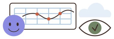 Mutlu yüz, veri noktaları, bulut ve göz işaretli grafikler analitiği, memnuniyeti ve ilerlemeyi simgeliyor. Teknoloji, veri analizi, geribildirim optimizasyon hedef belirleme için ideal
