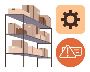 Endüstriyel raflarda yığınla karton kutu. Ayarlama teçhizatı ve uyarı sembolleri. Depolama yönetimi, lojistik, envanter, nakliye, depo organizasyonu, otomasyon için ideal