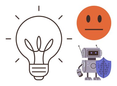 Fikirler için ampul, tarafsızlık için turuncu yüz, yapay zeka güvenliği için kalkanı olan robot. Yapay zeka, yenilik, etik, güvenlik, yaratıcılık teknolojisi yenilik zihniyeti için idealdir. Basit.