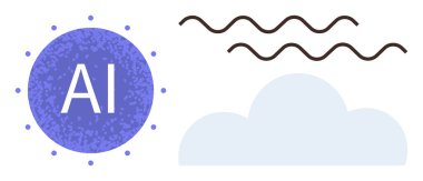 Teknolojiyi sembolize eden yapay zeka içerisindeki metin, çevrimiçi depolamayı ve bağlantıyı temsil eden bulut, yenilik için dalgalı çizgiler. Yapay zeka, dijital dönüşüm, bulut hesaplama, veri, ağ için ideal