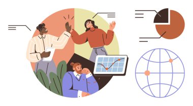 Profesyoneller beyin fırtınası fikirleri, grafikleri ve küresel bir haritayla başarıyı kutluyorlar. Takım çalışması, veri analizi, işbirliği, küresel iş, verimlilik eğitimi liderliği için ideal. Basit.