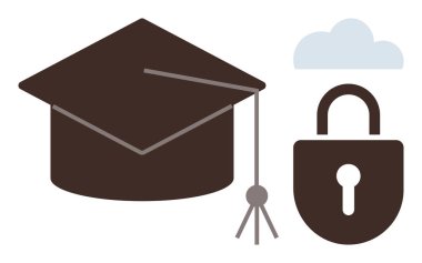 Graduation cap beside padlock and cloud illustrating secure learning, education access, data safety, and privacy. Ideal for online education, digital security, knowledge protection, cloud storage