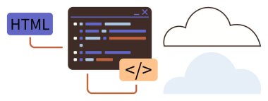 HTML ve soyut bulut şekillerine bağlı kod etiketi simgeleriyle kodlama arayüzü. Program, web tasarımı, bulut teknolojisi, veri yönetimi, modern teknoloji, bilişim eğitimi, basit düz metafor