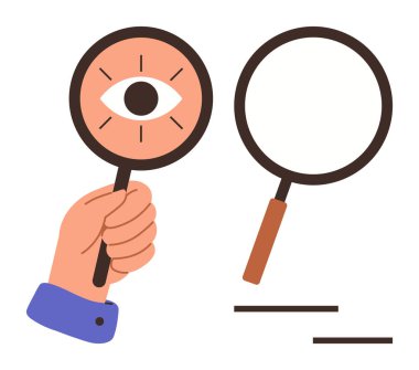 İçinde bir göz olan büyüteçle boş bir büyütecin yanında el ele tutuşmak. Arama, odaklanma, görme, araştırma, analiz, keşif araştırma konuları için ideal. Net ve basit düz