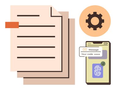 Belgeler, vites simgesi, parmak izi tarayıcılı akıllı telefon, güvenlik kodu mesajı. Güvenlik, dijital erişim, mahremiyet, kimlik doğrulama mobil uygulamaları siber güvenlik teknolojisi için ideal. Basit düz