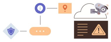 Veri akışı, güvenlik, bilgi, konum, bulut depolama ve güvenlik kameralarına bağlanma ikonlarıyla temsil ediliyor. Siber güvenlik, bulut bilgisayarı, veri koruması ve gözetleme için ideal