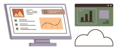 Grafikler, grafikler ve raporlar içeren masaüstü ekranı, çubuk grafikli tarayıcı penceresi ve bir bulut simgesi. Veri analizi, iş stratejisi, bulut hesaplaması, üretkenlik analizi için ideal dijital
