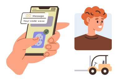 Akıllı telefondan güvenli erişim için parmak izi taraması yapılıyor. Kullanıcı profili ve forklift, kimlik doğrulaması, mobil güvenlik ve işyeri güvenliğini içeriyor. Güvenlik ve teknoloji için ideal