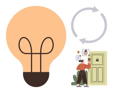 Güvenlik kapısını açmak için yüz tanıma sistemi kullanan bir kadın. Yanında ampul ve bisiklet sembolleri var. Yenilik, güvenlik, teknoloji, yapay zeka, dijital dönüşüm, akıllı sistemler, basit düz