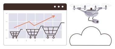 Alışveriş arabaları, yükselen trend çizgileri, kameralı insansız hava aracı ve bulutlu grafikler. E-ticaret, teknoloji, perakende büyüme, lojistik, yenilik veri analizi dijital iş için idealdir. Basit düz