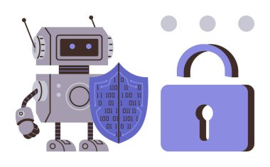 Robot, güvenlik, teknoloji ve güvenilirliği simgeleyen büyük bir asma kilidin yanında ikili kalkan tutuyor. Siber güvenlik, yapay zeka sistemleri, veri koruması, mahremiyet, teknoloji çözümleri, güvenlik için ideal