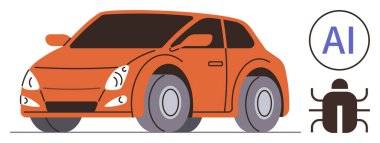 Orange car alongside AI text and bug symbol conveys self-driving technology, error detection. Ideal for autonomous driving, artificial intelligence, technology innovation, diagnostics, mobility
