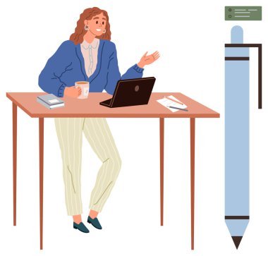 Kadın, kahve fincanı, defter, kağıt ve büyük kalemi olan bir masada çalışırken el kol hareketi yapıyor. Yaratıcılık, beyin fırtınası, üretkenlik, eğitim, tasarım yeniliği için ideal basit düz