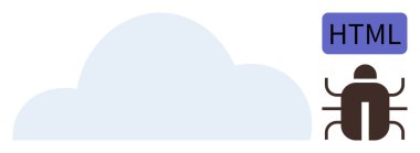 Large cloud with a bug icon and HTML label symbolizing web development, coding challenges, and debugging. Ideal for technology, software testing, cloud issues, troubleshooting, coding education, bug