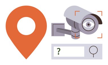 Parlak turuncu lokasyon iğnesi, odak çerçeveli güvenlik kamerası ve izleme, izleme ve gizlilik sorunları olduğunu gösteren arama çubuğu. Veri güvenliği, GPS, izleme, gizlilik araması için ideal