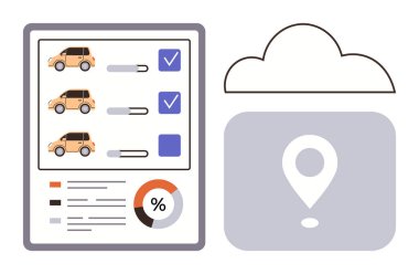 Car selection checklist with progress bars, percentage chart, cloud with location marker. Ideal for fleet management, car rental, asset tracking, cloud computing, logistics, mobile apps efficiency