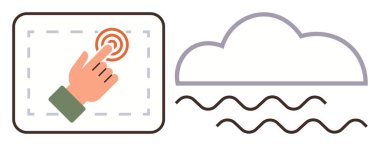 Bulut ve dalgalı çizgilerin yanında hedef simgesiyle dijital ekrana dokunmak. Teknoloji, kullanıcı arayüzü, bulut hesaplaması, iletişim, yenilik, hareketlilik ve basitlik için ideal. A