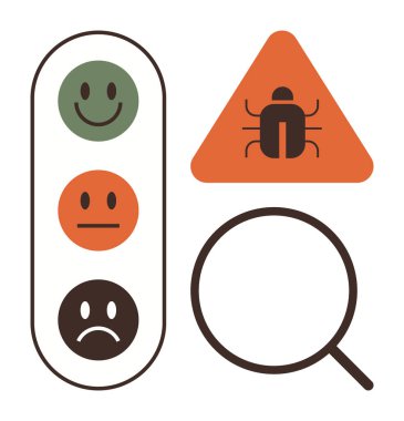 Mutlu, nötr ve üzgün yüzlü trafik ışığı. Üçgen büyüteçle böcek uyarısı. Müşteri geribildirimi, kalite kontrolü, sorun tespiti, problem çözme, yazılım hata ayıklama için ideal