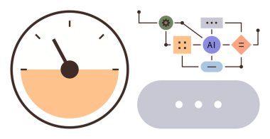 Hız göstergesi ve AI algoritma akış grafiği otomasyon, verimlilik, sistem optimizasyonu ve ilerleme izlemesini gösteriyor. Yapay zeka, iş akışı, veri işleme ve yenilik için ideal