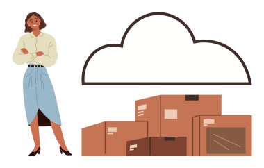 Professional woman standing confidently with stack of boxes and cloud outline above. Ideal for logistics, cloud storage, productivity, inventory, digital solutions, e-commerce, warehouse planning