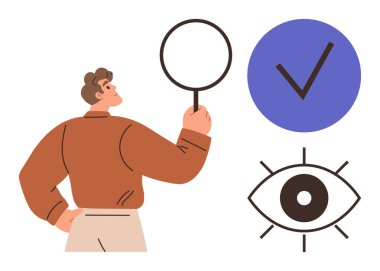 Büyüteçle analiz eden adam, mavi işaret ve soyut göz sembolü. Araştırma, analitik, doğrulama, vizyon, teftiş, soruşturma için ideal basit düz metafor