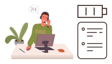 Kulaklık ve yeşil kazak giyen bir ofis çalışanı masa başında 24 saat boyunca bir bitki ve bilgisayarla destek araması yapıyor. Tam pil ikonu enerji, iletişim ve iş-yaşam dengesini sembolize eder. İdeal