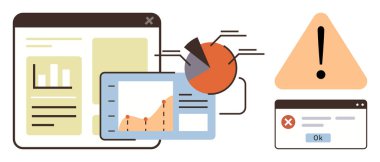 Çubuk çizelgeleri, pasta grafikleri ve hata uyarı sembolü ve açılır pencereleri içeren tarayıcı pencereleri. Analiz, izleme, teknoloji sorunları, iletişim, iş ve uyarı için ideal