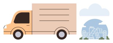 Nakliye kamyonu geometrik tasarımlı bir alışveriş merkezine doğru gidiyor. Lojistik, ulaşım, iş, tüketici malları, alışveriş, perakende ekonomi ve kentsel kalkınma için ideal. Basit düz
