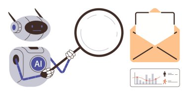 Yapay zeka robotu elinde büyüteç, veri eğilimi ve kullanıcı simgeleriyle zarf ve grafikler tutuyor. Yapay zeka, veri analizi, dijital trendler, araştırma, iletişim, otomasyon için ideal