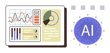 Yapay zeka simgesinin yanında grafikler, grafikler ve veri görselleri içeren etkileşimli bir panel. Analiz, teknoloji, yenilik, araştırma, istatistik otomasyon stratejisi için ideal. Basit düz metafor