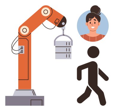 Robotic arm lifting an object, silhouette of a walking figure, and female profile portrait. Ideal for innovation, automation, teamwork, industry, AI future workforce diversity. Simple flat metaphor