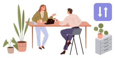 Masada dizüstü bilgisayar ve kahve ile sohbet eden iki profesyonel saksı bitkileri ve dosya dolabı ile çevrili. Takım çalışması, üretkenlik, ofis dekorasyonu, işbirliği, küçük işletme, akıl hocalığı için ideal