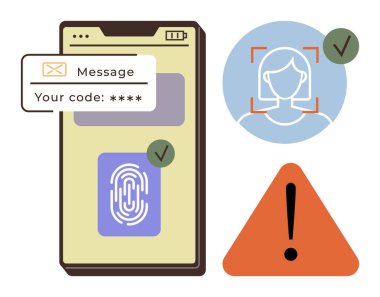 Parmak izi, yüz tanıma ve OTP kimlik doğrulama simgeleri gösteren akıllı telefon. Uyarı işareti siber güvenliğin önemini vurguluyor. Güvenlik, teknoloji, mahremiyet, veri koruması için ideal