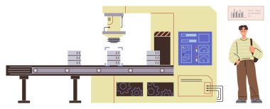 Fabrika makinesi, işçi gözlemi olarak robot kollu kutuları taşıyıcıda işler. Üretim, otomasyon, teknoloji, endüstri, süreç optimizasyonu, lojistik, basit düz metafor için ideal