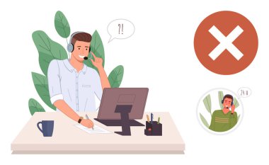 Kulaklıklı genç adam bilgisayarda çalışıyor, çağrılara cevap veriyor. Arama kısıtlamaları büyük bir kırmızı haç ve 24 saat kullanılabilirlik sinyali ile belirtildi. Destek için ideal