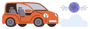 Orange compact car with futuristic design beside a digital atomic icon and lines. Ideal for technology, innovation, clean energy, sustainability, autonomous vehicles, digital transformation, future