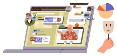 Bilgisayarda video aramaları, veri tabloları ve grafikler dahil çeşitli ekranlar gösteriliyor. İletişim, uzaktan çalışma, çevrimiçi öğrenme, takım işbirliği, analitik, teknoloji iş planlaması için ideal