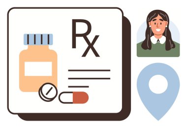 İlaç şişesi, haplar, Rx etiketi, kadın eczacı avatarı ve lokasyon rozeti. Sağlık, eczane, ilaç teslimatı teletıp danışmanlığı, hasta bakımı için idealdir. Modern daire