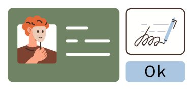 Bir fotoğraf ve detaylar içeren kimlik kartı, imza oluşturan bir kalem ve OK düğmesi. Kişisel kimlik doğrulama, resmi onay, yetki, güvenlik, basit bir daire için ideal