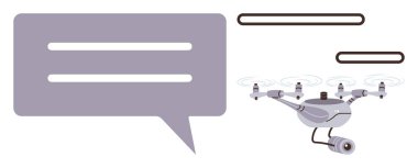 Bir konuşma balonunun yanında uçan kameralı uçak yenilik ve iletişimi ön plana çıkarıyor. Teknoloji, izleme, yapay zeka, uzaktan çalışma, sosyal medya, akıllı cihazlar, otomasyon temaları için idealdir. Basit.