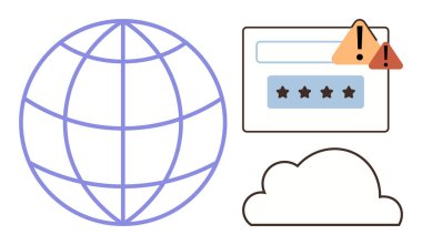 Küre ızgarası, bulut şekli, uyarı simgeleriyle giriş formu çevrimiçi güvenlik tehditlerini vurgula. Teknoloji, veri güvenliği, ağ koruması, internet riski, bulut hesaplaması, dijital uyarı için ideal