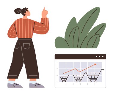 Analiz çizelgesinin yanında yukarı doğru yükselen eğilimleri, alışveriş arabaları ve bitkileri gösteren bir kadın. E-ticaret, büyüme stratejisi, iş görüşleri, çevrimiçi perakende, veri analizi, basit pazarlama için ideal