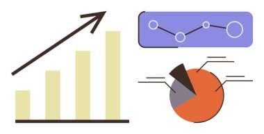 Büyüme oku, pasta grafiği segmentleri ve veri eğilimlerini temsil eden düğümlü çizgi grafiği. İş için ideal, analitik, finansal büyüme, ilerleme görselleştirme, rapor, basit planlama